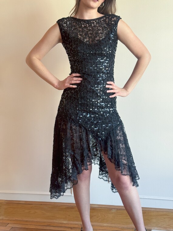 80s Black Sequin Mini Dress Lace High Low Hemline… - image 3