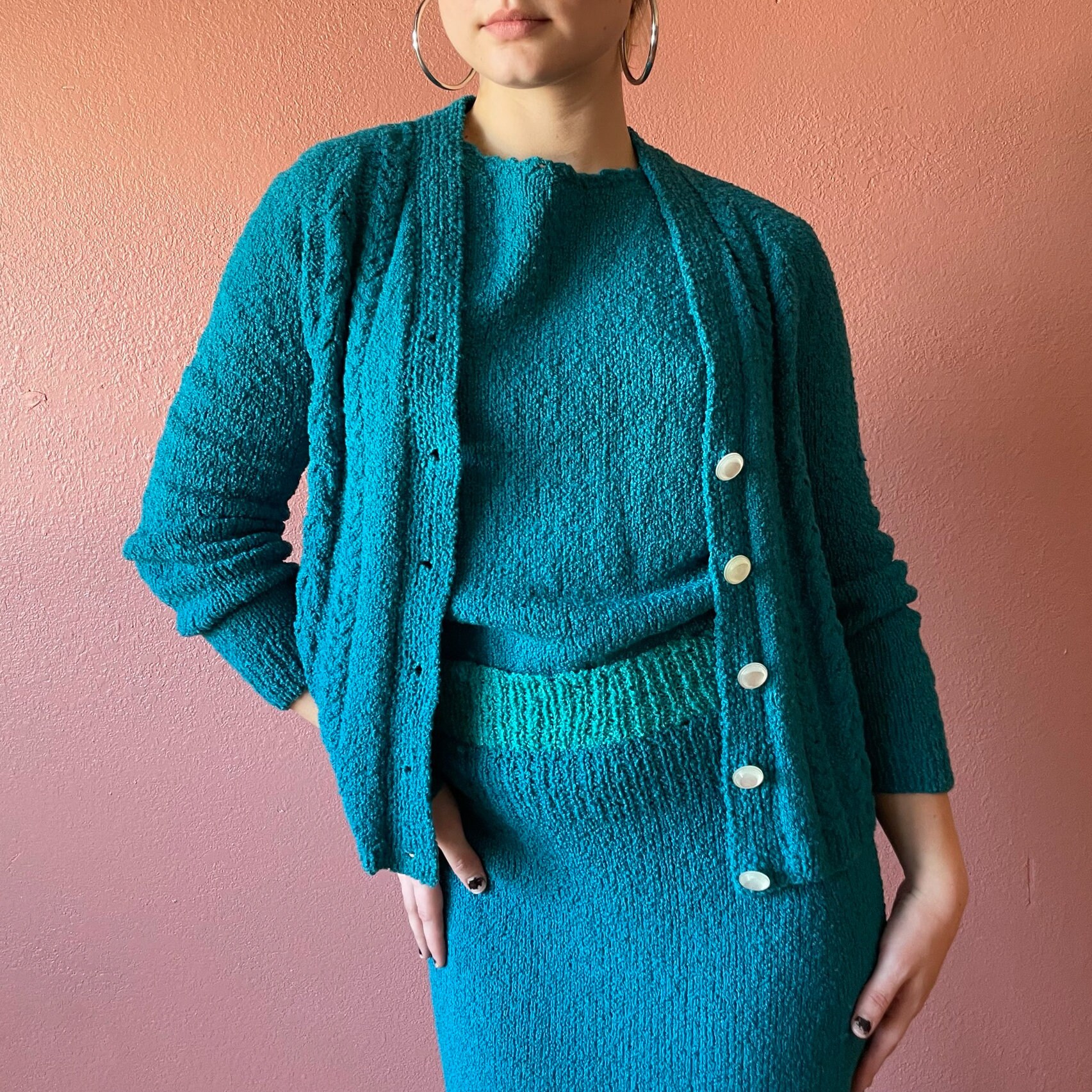 1980s Hand Knit Sweater Skirt Cardigan Set Three Piece Set 1980s Hand Knit Sweater Skirt Cardigan Set Three Piece Set