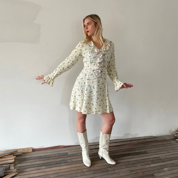 long sleeve floral mini dress Tiff Dress, Brown L / Brown long sleeves for added warmth 70s Prairie Mini Dress 