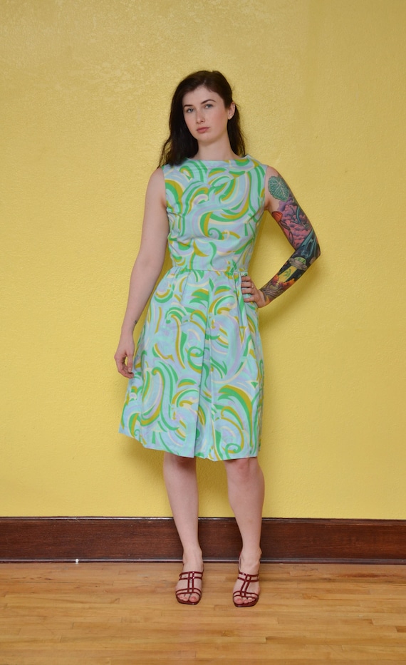 60s Pastel Swirl Print Mod Mini Dress Blue Green … - image 4