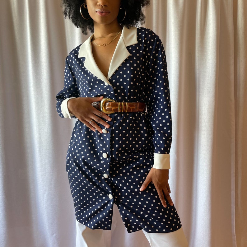 80s Dress Navy White Polka Dot Jacket Style Dress Dramatic Collar Long Sleeve Cuff Large White Buttons Front Pockets image 6