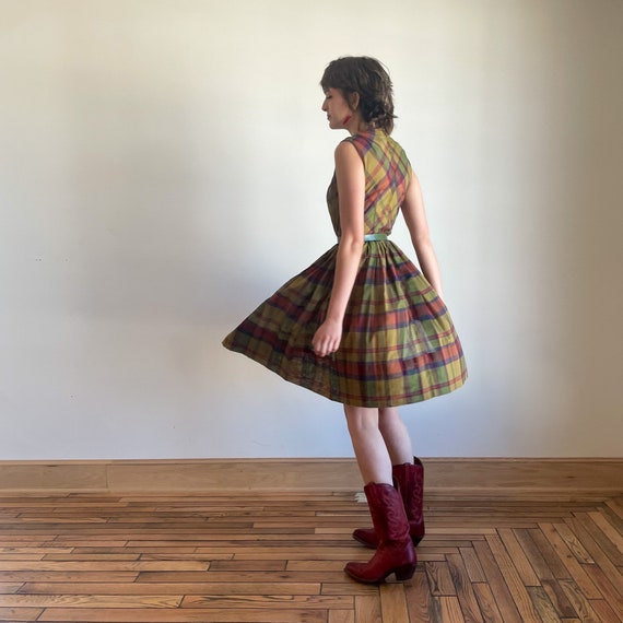 60s Fall Plaid Dress Full Skirt Fit and Flare Hig… - image 3