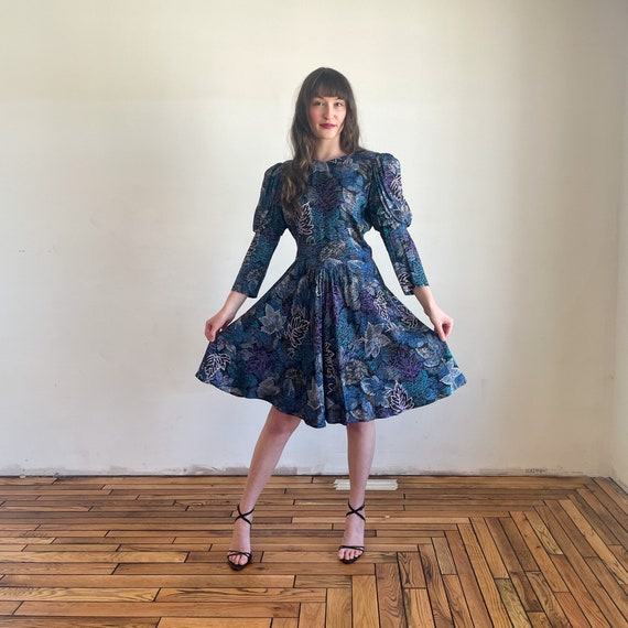 80s Dress Midi Dress Full Skirt Drop Waist Blue A… - image 1