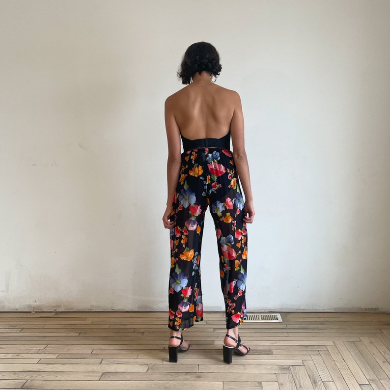 90s Sheer Floral Printed Pants High Waist Wide Leg Pants Black Bright Flower Print Red Blue Orange image 10