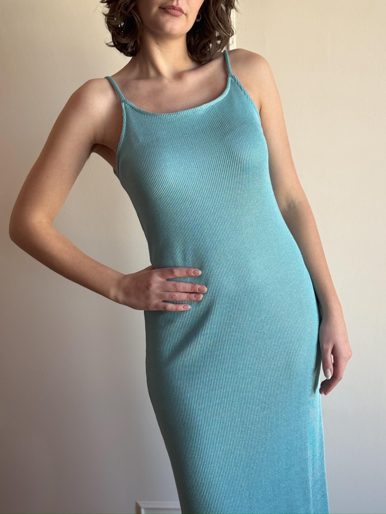 90s Light Blue Knit Spaghetti Strap Slip Midi Dress Fitted Silhouette Soft Shimmer