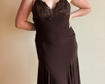 Y2K/00s Brown Lace Sequin Slip Dress – Ruched Waist