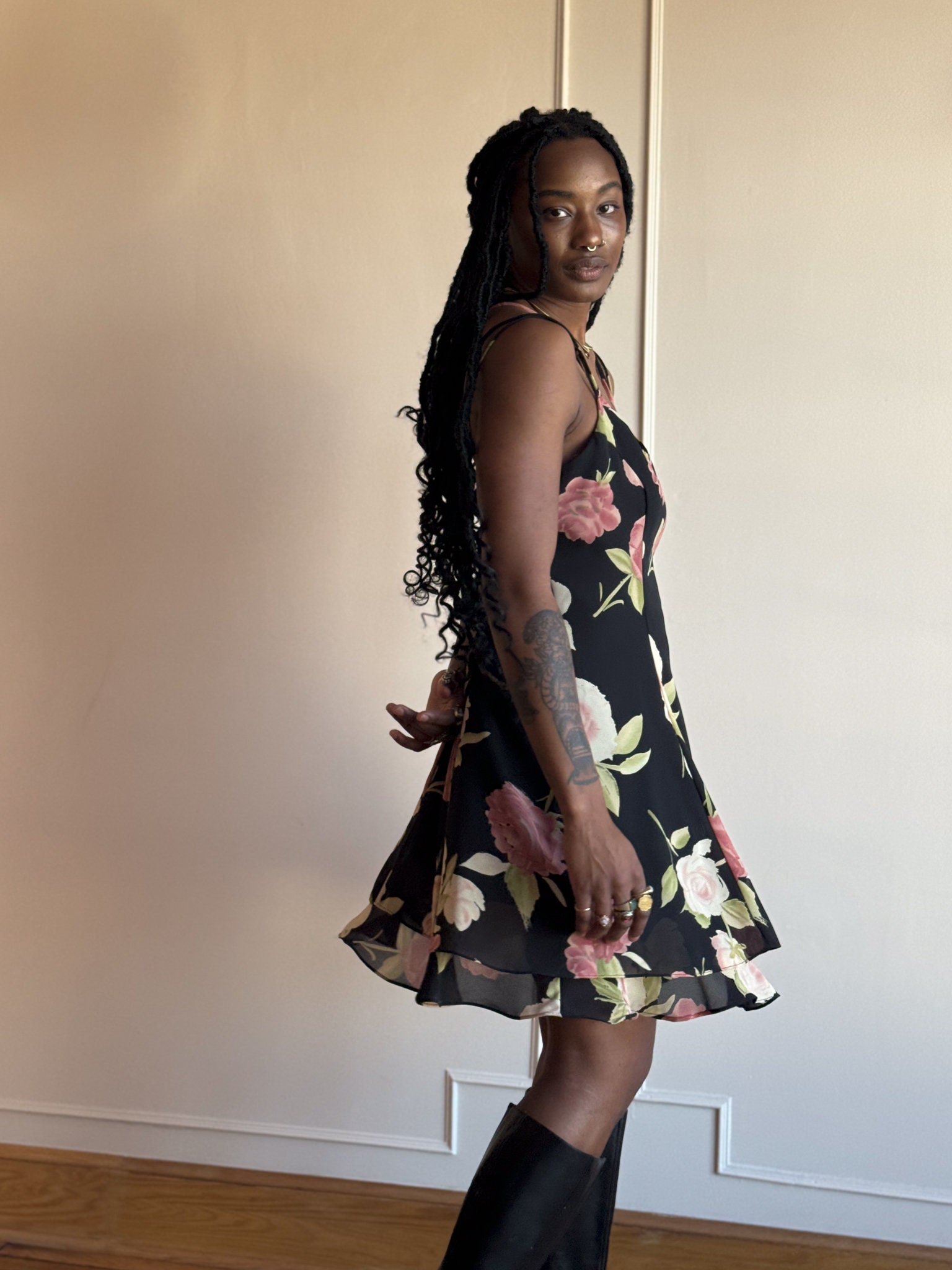 90s Floral Babydoll Dress - Black Pink Rose Print Mini with Scarf