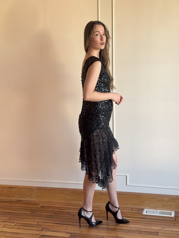80s Black Sequin Mini Dress Lace High Low Hemline… - image 8
