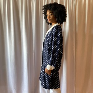 80s Dress Navy White Polka Dot Jacket Style Dress Dramatic Collar Long Sleeve Cuff Large White Buttons Front Pockets image 4