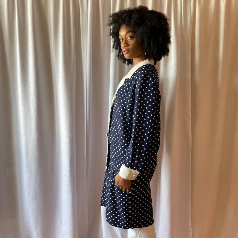 80s Dress Navy White Polka Dot Jacket Style Dress Dramatic Collar Long Sleeve Cuff Large White Buttons Front Pockets image 4