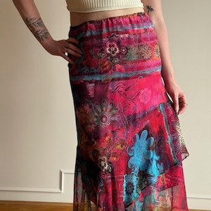 Y2K/00s Chico’s Silk Floral Midi Skirt – Multicolor Boho Floral Asymmetrical Hem Elastic Waist Skirt