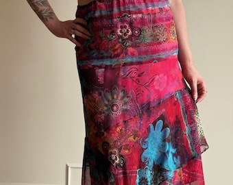 Y2K Silk Floral Midi Skirt – Multicolor Boho Asymmetrical Hem