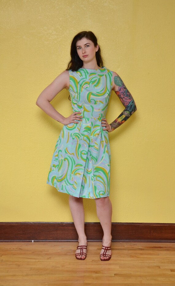 60s Pastel Swirl Print Mod Mini Dress Blue Green … - image 5