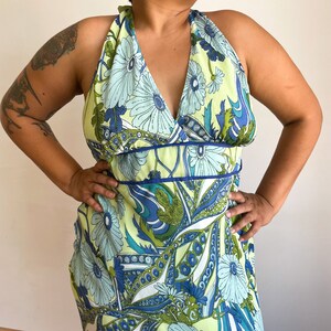 00s y2k Robe Halter Top Backless Midi Robe Vert Bleu Daisy Paisley Robe Summer Date Party Dress image 4