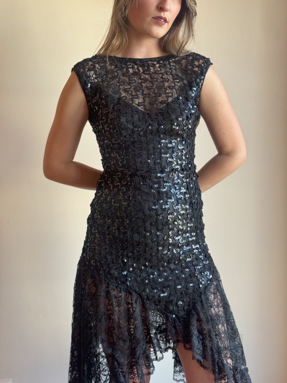 80s Black Sequin Mini Dress Lace High Low Hemline… - image 7