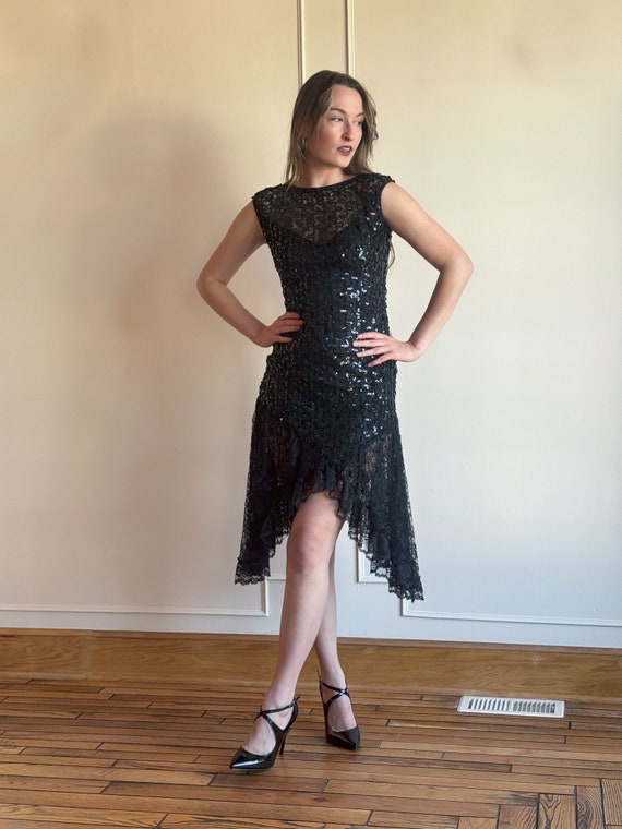 80s Black Sequin Mini Dress Lace High Low Hemline… - image 4