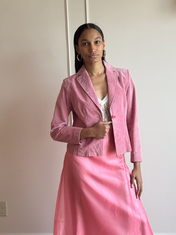 00s y2k Soft Pink Suede Jacket Blazer Coat Tuxedo… - image 1