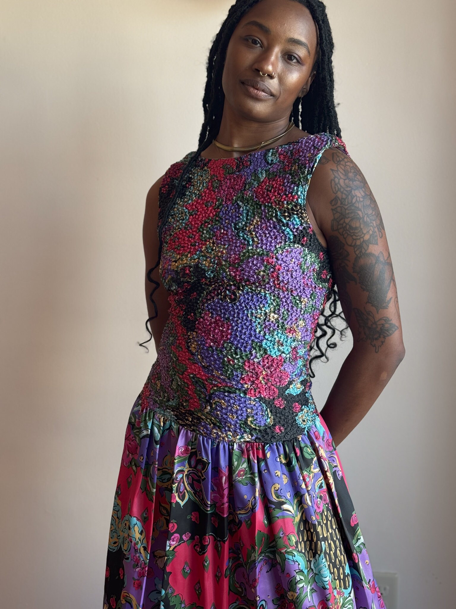 80s Drop Waist Dress Ruched Top Floral Print Baroque Elegant