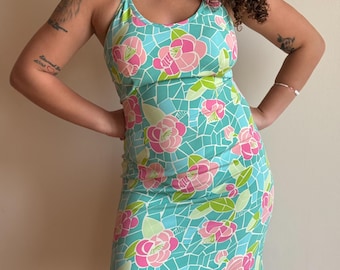 Y2K Lilly Pulitzer zijden halterjurk – pastelmozaïekbloem, maat Small