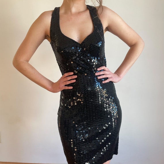 90s Mini Dress Sequin Black Bodycon Dress Halter … - image 6