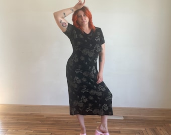 90s Dress Black Flower Print Maxi Dress Short Sleeve V Neck Cap Sleeve Artistic Sketch Floral Print