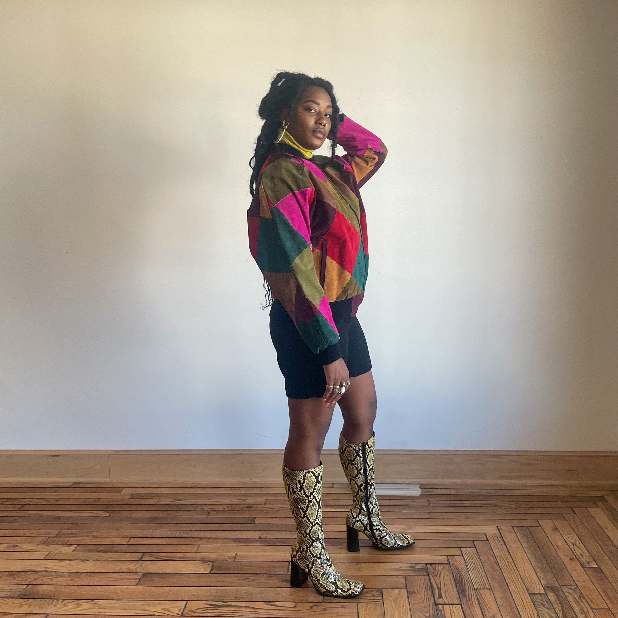 80s Patchwork Leather Jacket Suede Colorful Leather Batwing