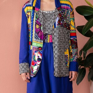 80s Three Piece Short Suit Set Bright Blue Colorful Avant Garde Vaporwave Set Shorts Tank Blazer Abstract Sequin Bead Vegas Caesar's Palace image 4