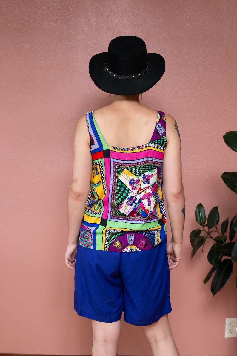 80s Three Piece Short Suit Set Bright Blue Colorful Avant Garde Vaporwave Set Shorts Tank Blazer Abstract Sequin Bead Vegas Caesar's Palace image 10