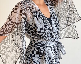 Y2K 00s Top Sheer Silk Blouse Floral Abstract Checker Print