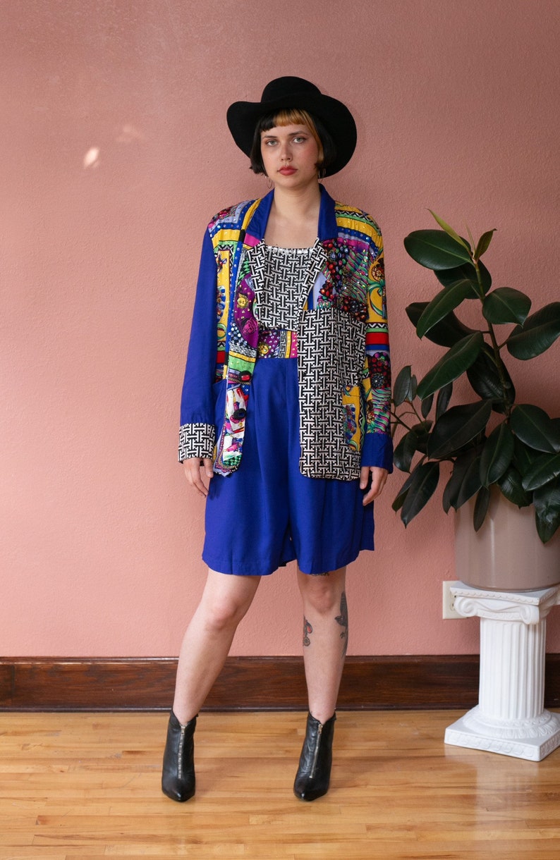 80s Three Piece Short Suit Set Bright Blue Colorful Avant Garde Vaporwave Set Shorts Tank Blazer Abstract Sequin Bead Vegas Caesar's Palace image 3