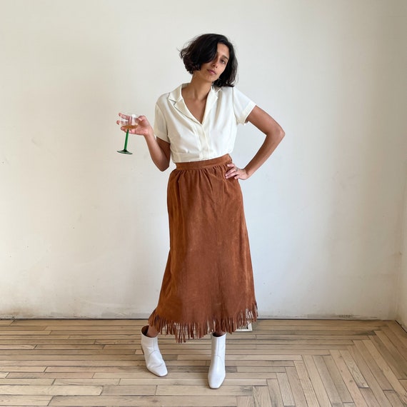 90s High Waist Skirt Suede Leather Skirt Tan Brow… - image 2