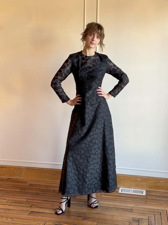 sheer polka dot maxi dress Black Sheer Polka Dot Ruffle Maxi Dress