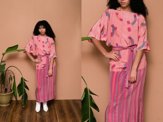 80s Pink Silk Hand Painted Separate Set // Abstrac