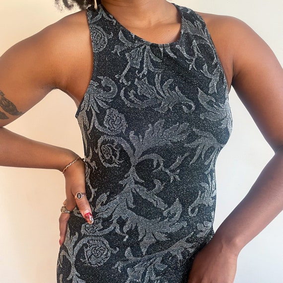 90s Maxi Dress Black Metallic Silver Sparkle Rose… - image 2