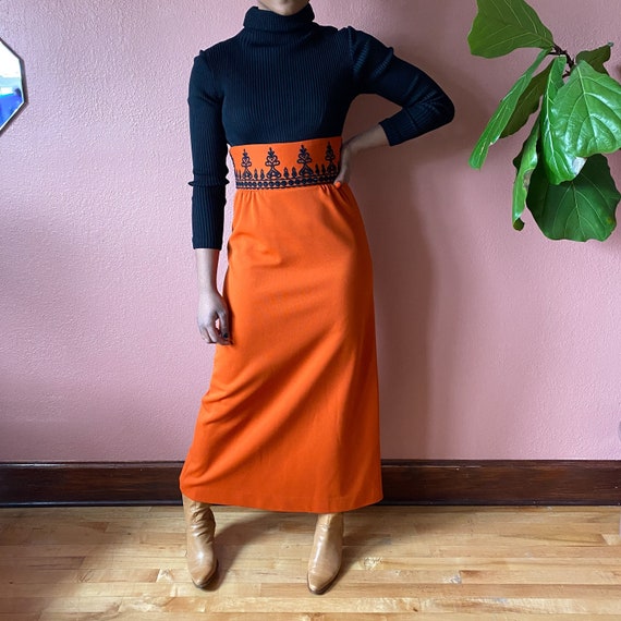 Orange Black Hippie Maxi Dress // Empire Waist 70s