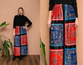 70s Scarf Printed Maxi Skirt Glitter Embellished Geometric Floral Print Novelty Psychedelic Red Blue Black High Waist Skirt Holiday Skirt