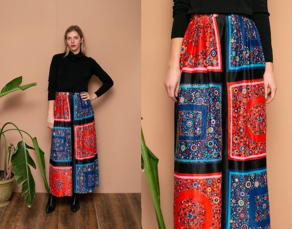 70s Scarf Printed Maxi Skirt Glitter Embellished … - image 1