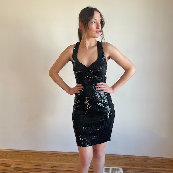 90s Mini Dress Sequin Black Bodycon Dress Halter … - image 3