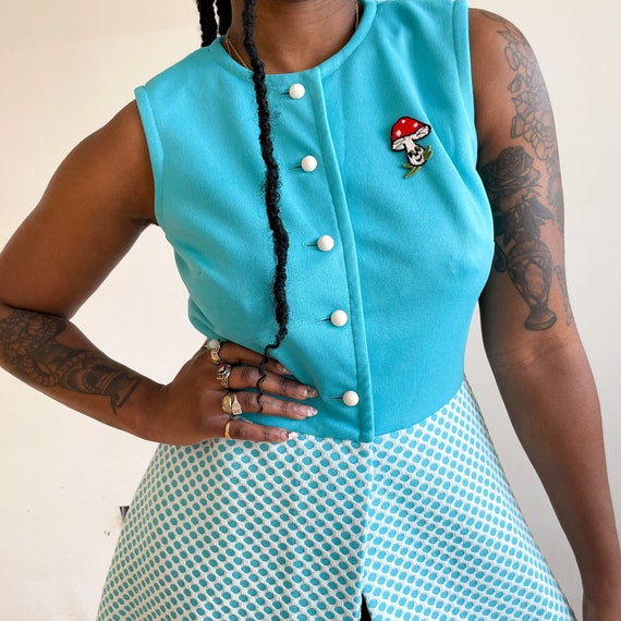 60s Dress Mod Mini Dress Bright Blue Polka Dot Mu… - image 1