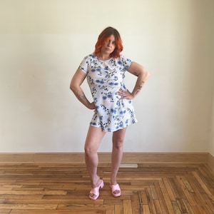 90s Mini Dress Sheer Flower Daisy T Shirt Dress White Picket Fence Picnic Dress White Grid