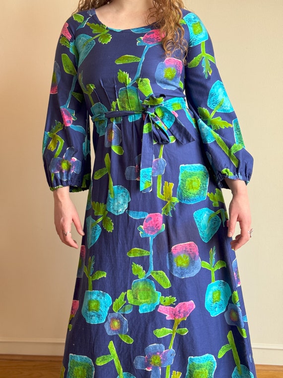 70s Floral Maxi Dress / Blue Pink Green Large Flo… - image 9