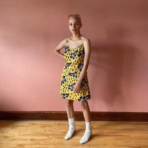 00s Y2K Mini Dress Tropical Summer Dress Hibiscus Print Yellow Cheetah Print Mini Dress Silk Dress image 1