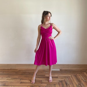 70s Dress Hot Pink Disco Dress Strappy Open Back Full Skirt Cowl Neck Gathered Cinched Waist Midi Dress image 1