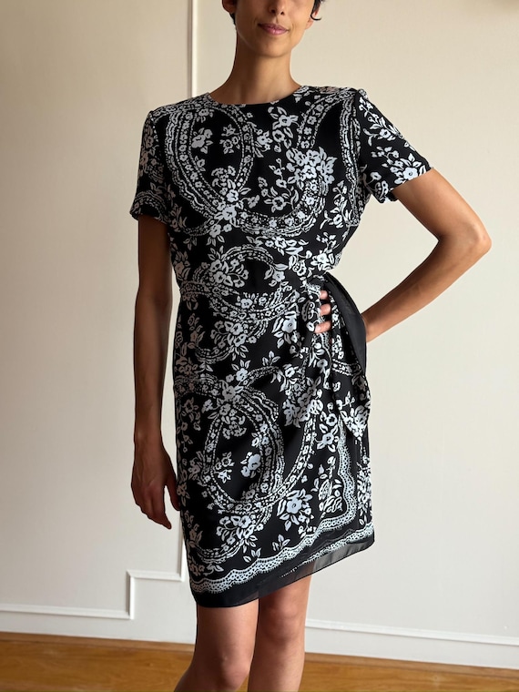 90s Express Paisley Floral Wrap Dress -Black & White Midi - Small