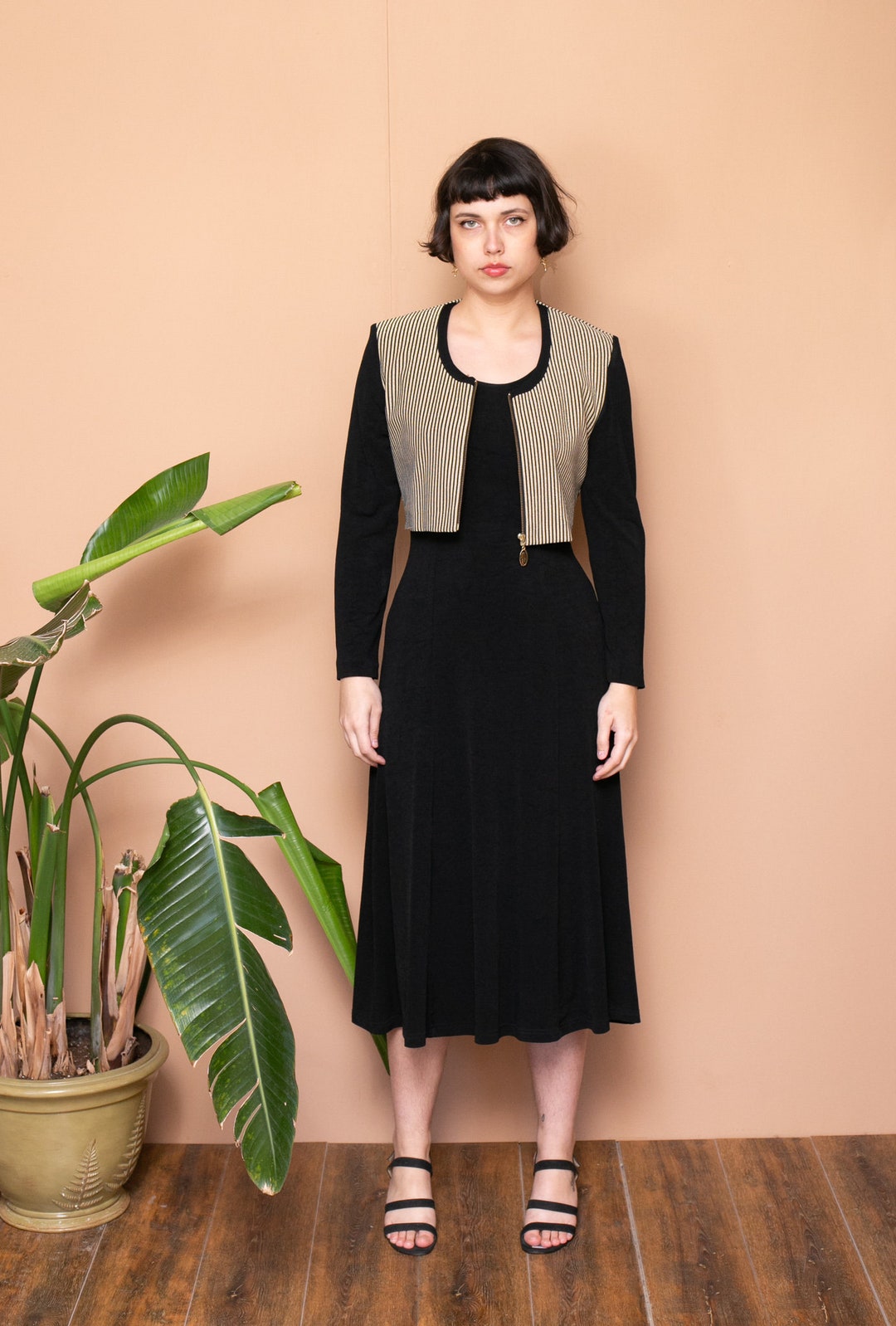 90s Black & Gold Striped Metallic Bolero Jacket Dress Set Etsy