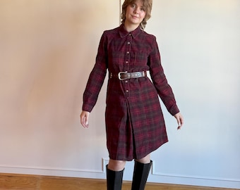 90s Corduroy Plaid Mini Dress – Burgundy Tartan Long Sleeve