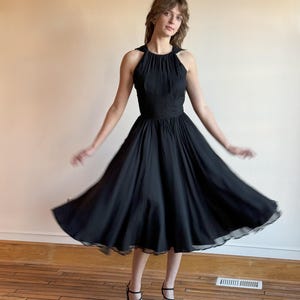 50s 60s black silk party dress full circle skirt  Grecian draped simple Jackie O occasion dress cocktail dress LBD