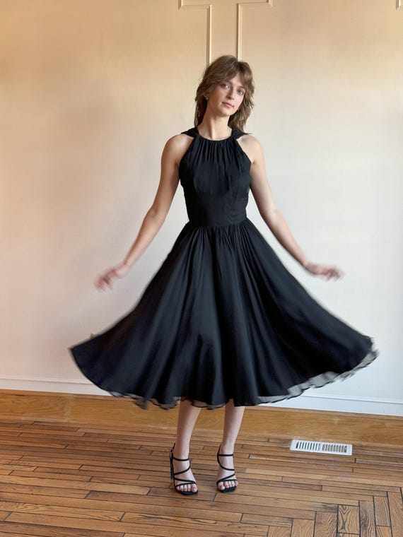 black party dresses for over 50s Vintage 50s Black Silk Party Dress – Grecian Draped Full Circle Skirt