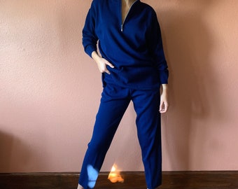 80s Two Piece Sweat Suit Knit Sweater Pullover Knit High Waist Elastic Pants Quarter Zip Long Sleeve Royal Blue Top