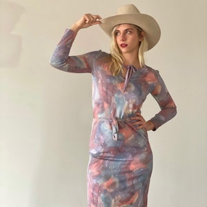 60s 70s Long Sleeve Pastel Dress Mini Dress Fitted Keyhole Peek a Boo Bust Tie Detail Waist Tie Marbled Print Painting Watercolor Printed image 6